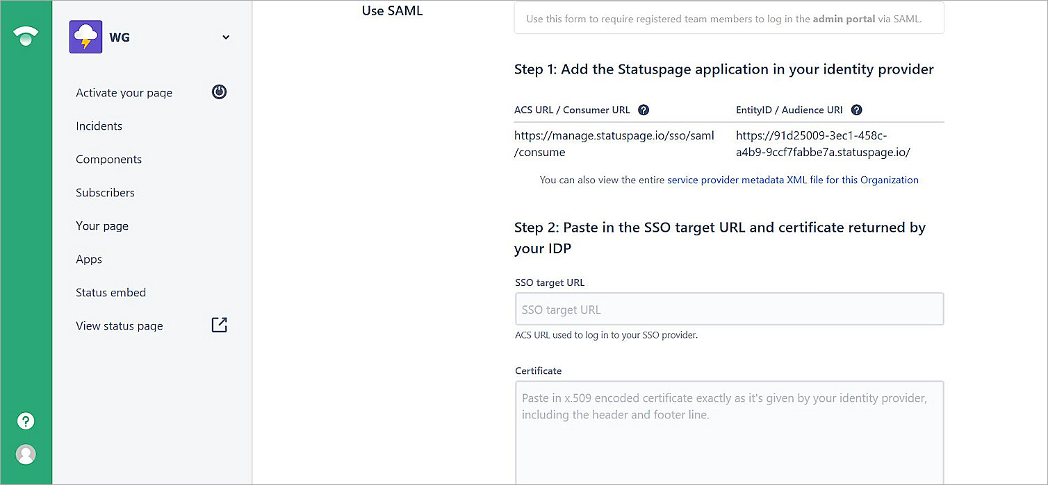 Screenshot of statuspage saml config